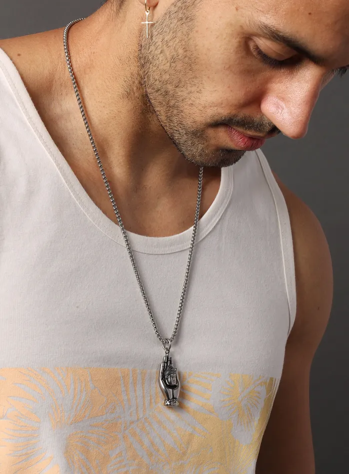 Necklaces WE ARE ALL SMITH Mens Jewelry Clothing Silver Buddha head on hand 316L Stainless Steel Chain