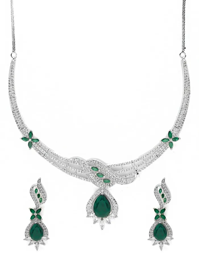 Necklaces Yellow Chimes American Diamond Necklace Set For Women Green Stone Silver Jewellery Set For Women Diamond Necklace Set Birthday Gift for Girls Anniversary Gift for Wife Yellow Chimes
