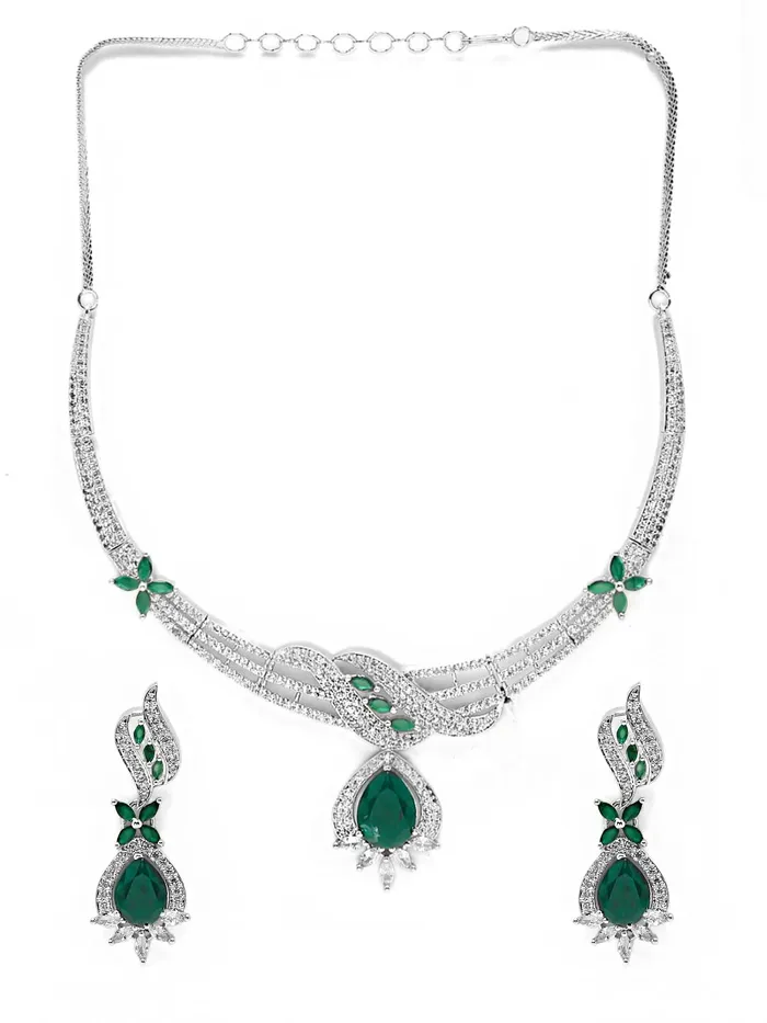 Necklaces Yellow Chimes American Diamond Necklace Set For Women Green Stone Silver Jewellery Set For Women Diamond Necklace Set Birthday Gift for Girls Anniversary Gift for Wife Yellow Chimes