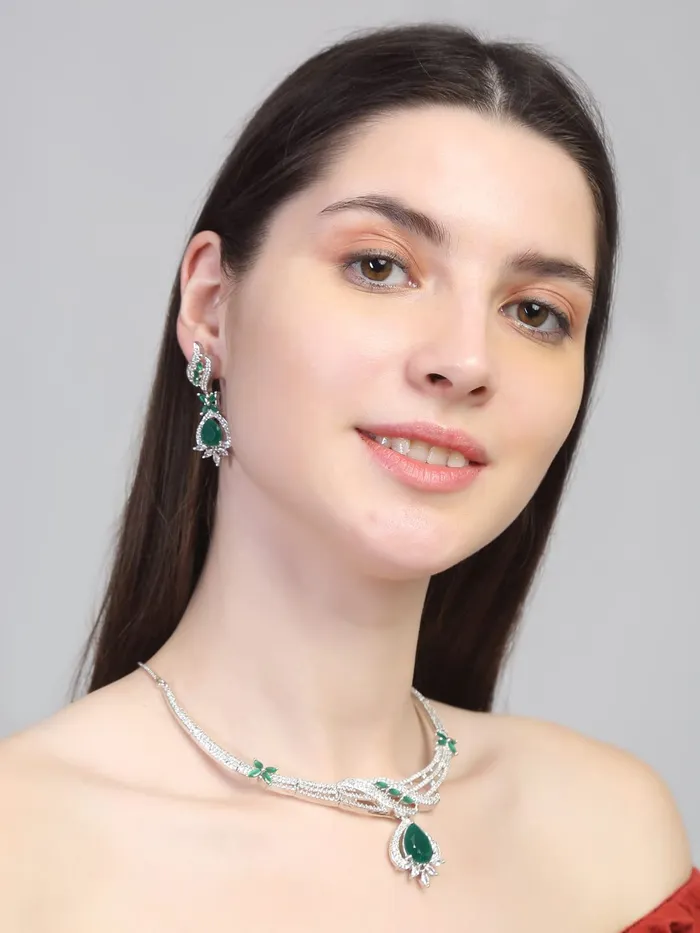 Necklaces Yellow Chimes American Diamond Necklace Set For Women Green Stone Silver Jewellery Set For Women Diamond Necklace Set Birthday Gift for Girls Anniversary Gift for Wife Yellow Chimes