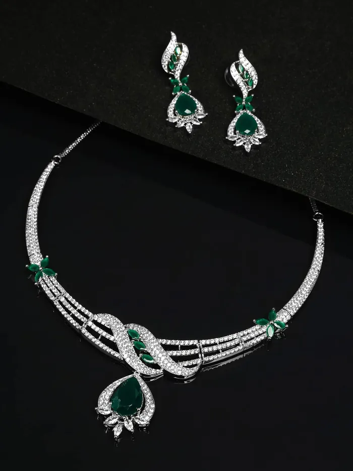 Necklaces Yellow Chimes American Diamond Necklace Set For Women Green Stone Silver Jewellery Set For Women Diamond Necklace Set Birthday Gift for Girls Anniversary Gift for Wife Yellow Chimes