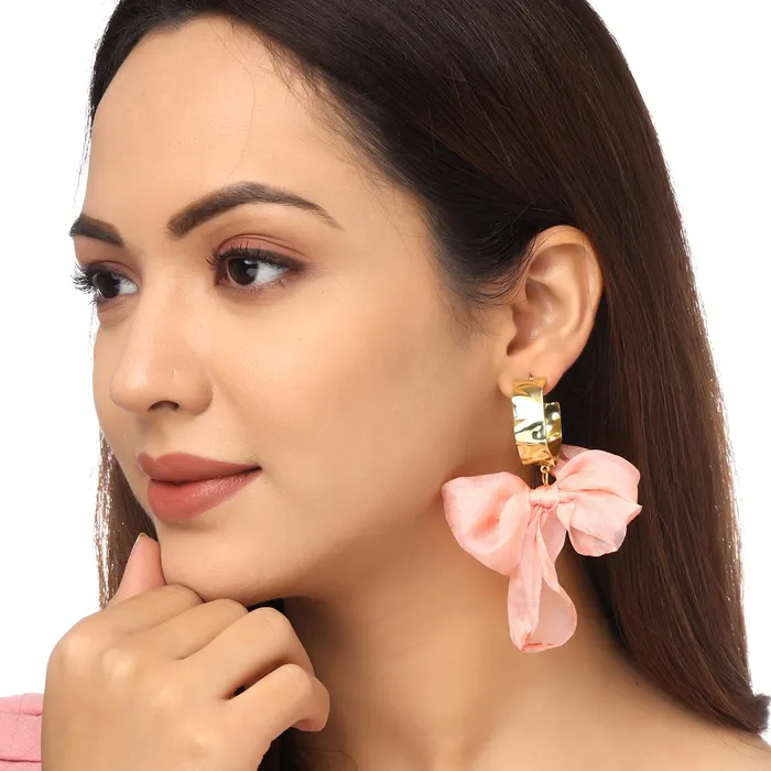 Necklaces Yellow Chimes Earrings For Women Pink Colored Cloth Woven Bow Shaped Hoop Earrings For Women and Girls Yellow Chimes