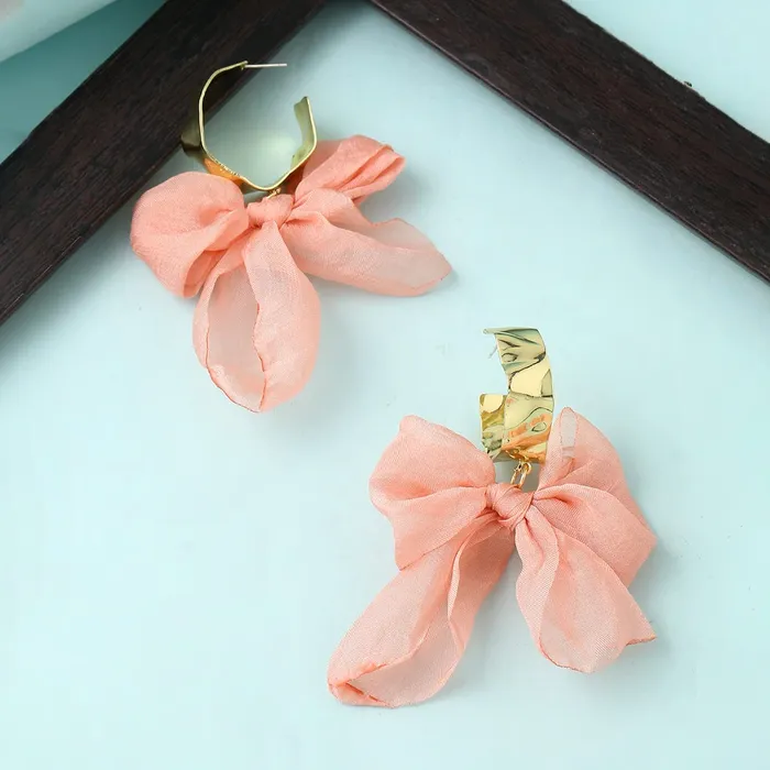 Necklaces Yellow Chimes Earrings For Women Pink Colored Cloth Woven Bow Shaped Hoop Earrings For Women and Girls Yellow Chimes
