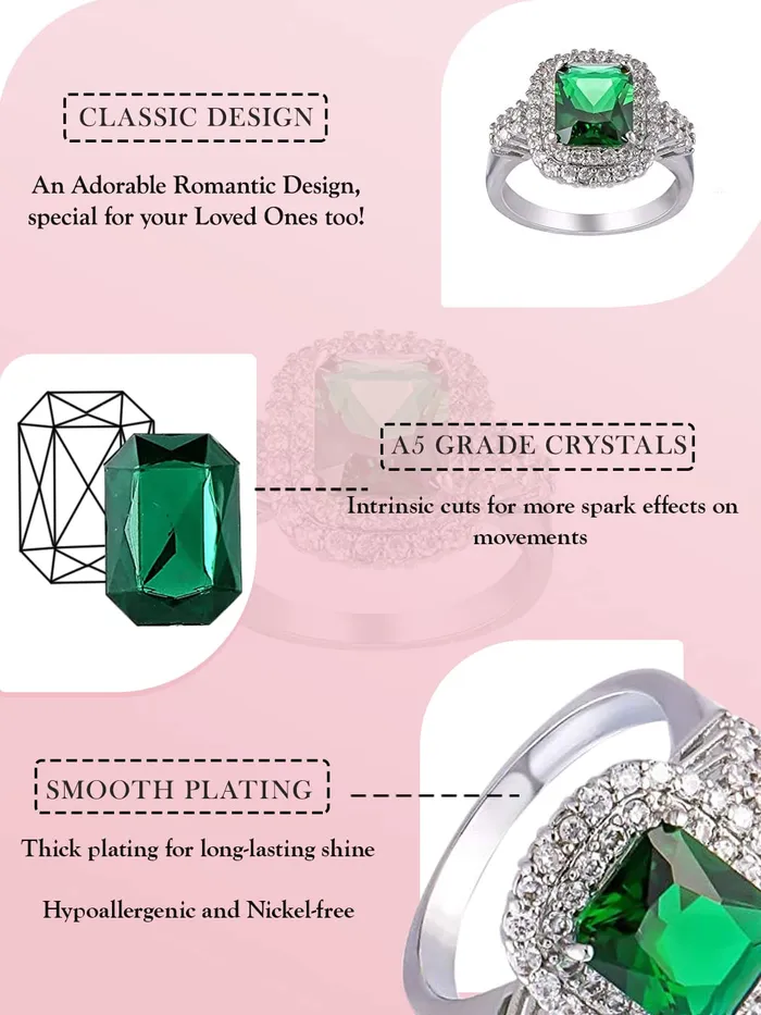 Necklaces Yellow Chimes Emerald Square Studded Cubic Zirconia Stylish Silver Plated Copper Rings for Women Valentine Gift for Girls Yellow Chimes