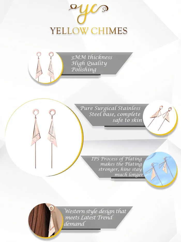 Necklaces Yellow Chimes Long Earrings for Women Western Rose Gold Plated Stainless Steel Geometric Love Long Danglers Earrings For Women and Girls Yellow Chimes