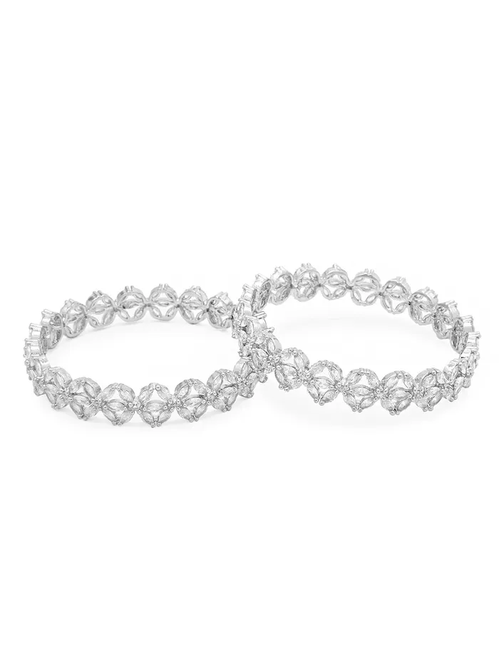 Necklaces Yellow Chimes Yellow Chimes Bangles for Women Silver Toned White ADAmerican Diamond Studded Floral Designed 2 Pcs Set Bangles for Women and Girls