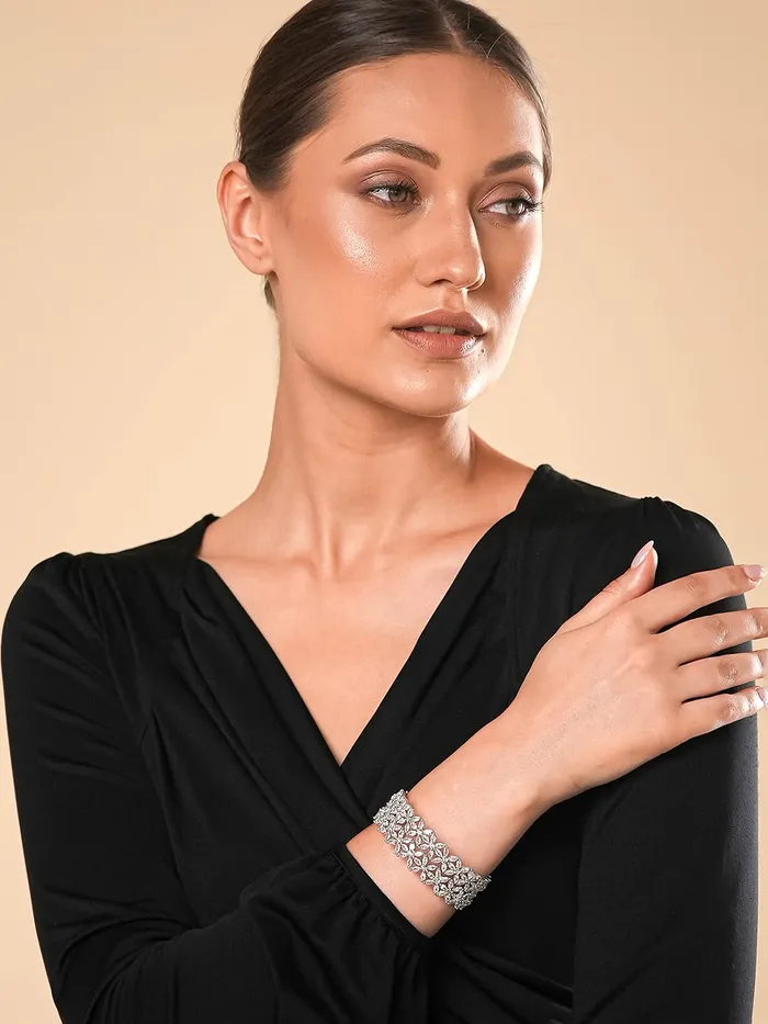 Necklaces Yellow Chimes Yellow Chimes Bangles for Women Silver Toned White ADAmerican Diamond Studded Floral Designed 2 Pcs Set Bangles for Women and Girls