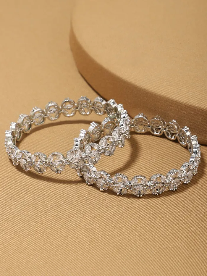 Necklaces Yellow Chimes Yellow Chimes Bangles for Women Silver Toned White ADAmerican Diamond Studded Floral Designed 2 Pcs Set Bangles for Women and Girls