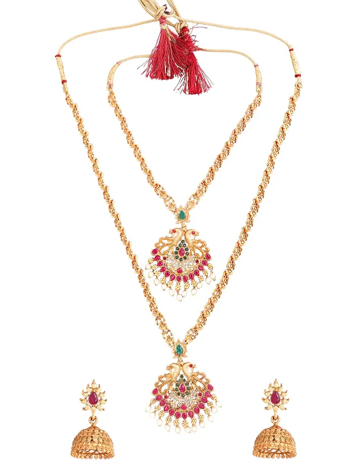 Necklaces Yellow Chimes Yellow Chimes Ethnic Gold Plated Peacock Design Antique Choker Long Haram Necklace Set Traditional Jewellery Set for Women and Girls Medium YCTJNS69DOBPCKGL