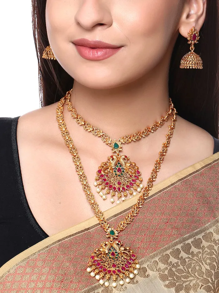 Necklaces Yellow Chimes Yellow Chimes Ethnic Gold Plated Peacock Design Antique Choker Long Haram Necklace Set Traditional Jewellery Set for Women and Girls Medium YCTJNS69DOBPCKGL
