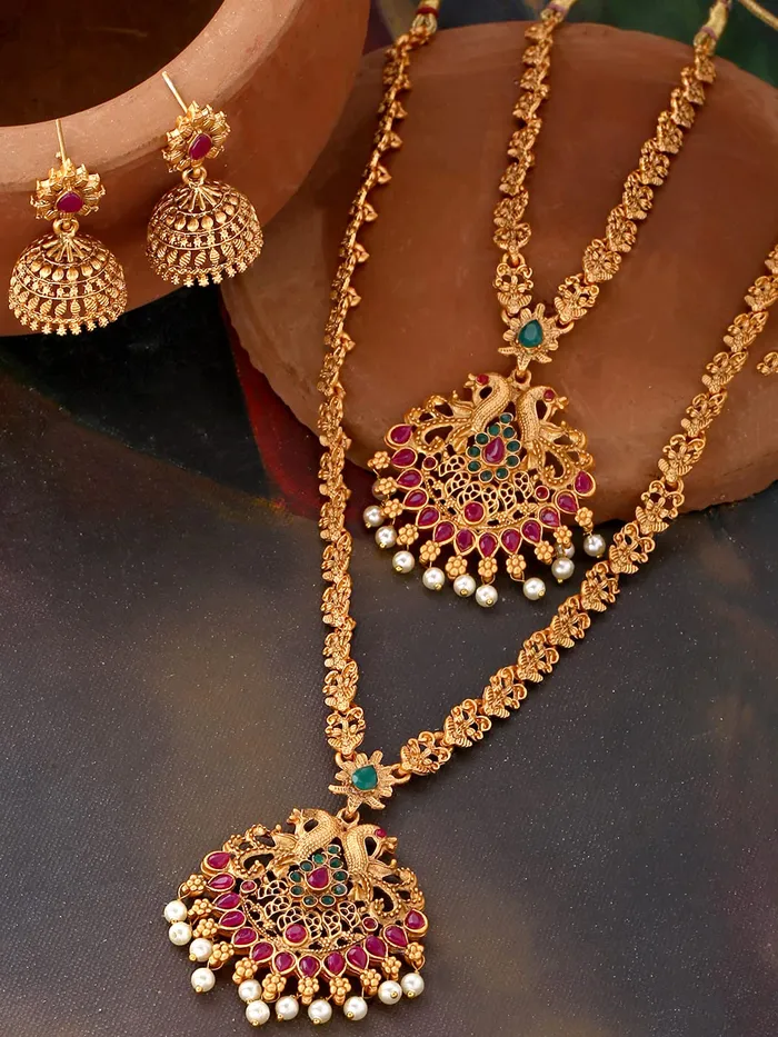Necklaces Yellow Chimes Yellow Chimes Ethnic Gold Plated Peacock Design Antique Choker Long Haram Necklace Set Traditional Jewellery Set for Women and Girls Medium YCTJNS69DOBPCKGL