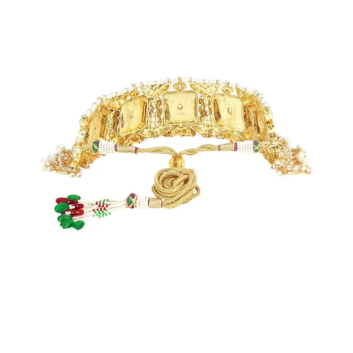 Necklaces Yellow Chimes Yellow Chimes Ethnic Gold Plated Studded Kundan Green Beads Design Jewellery Set Traditional Choker Necklace Set with Earrings and maang Tikka for Women and Girls Design 9