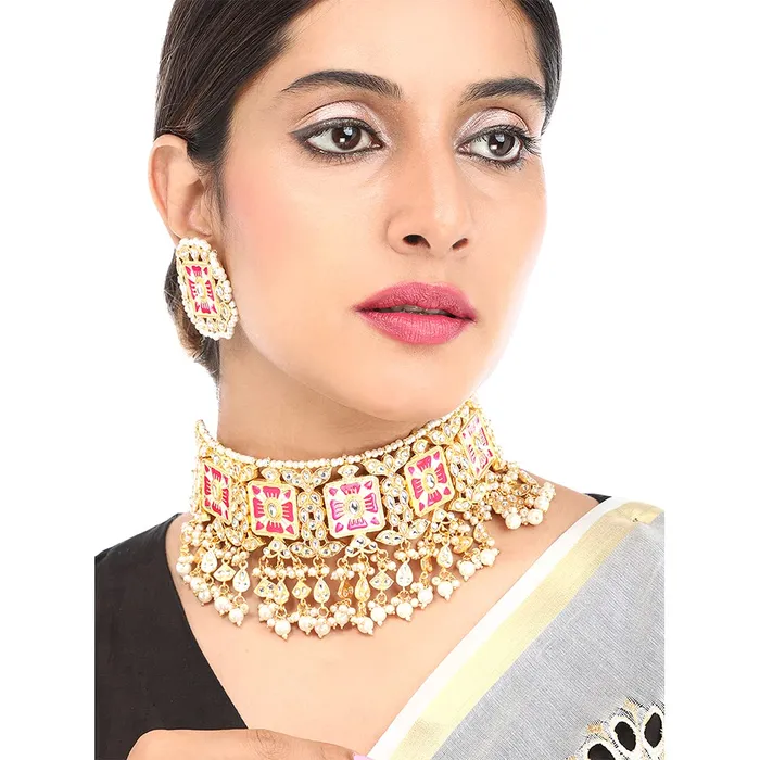 Necklaces Yellow Chimes Yellow Chimes Ethnic Gold Plated Studded Kundan Green Beads Design Jewellery Set Traditional Choker Necklace Set with Earrings and maang Tikka for Women and Girls Design 9