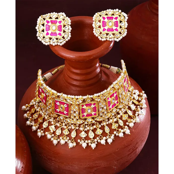 Necklaces Yellow Chimes Yellow Chimes Ethnic Gold Plated Studded Kundan Green Beads Design Jewellery Set Traditional Choker Necklace Set with Earrings and maang Tikka for Women and Girls Design 9