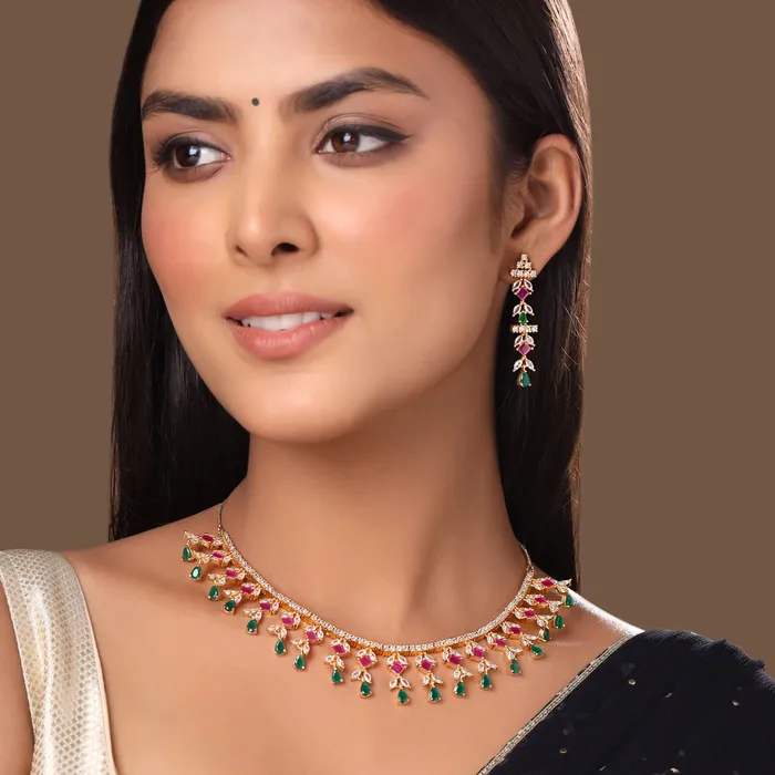 Necklaces Yellow Chimes Yellow Chimes Jewellery Set for Women and Girls American Diamond Jewellery Set Gold Plated Multicolor AD Necklace Set for Women Birthday Gift for girls and women Anniversary Gift for Wife
