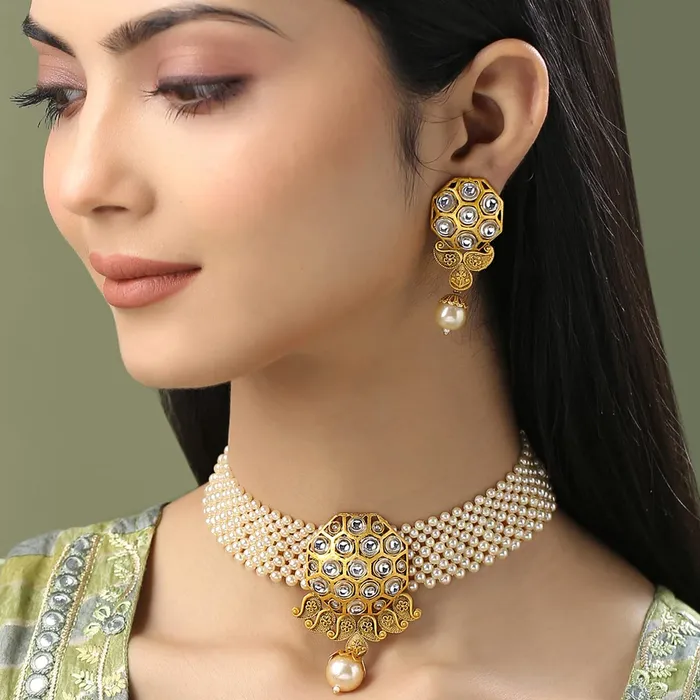 Necklaces Yellow Chimes Yellow Chimes Jewellery Set for Women and Girls Kundan Necklaces Set Gold Plated Beads Beaded Kundan Choker Necklace Set Birthday Gift for girls and women Anniversary Gift for Wife