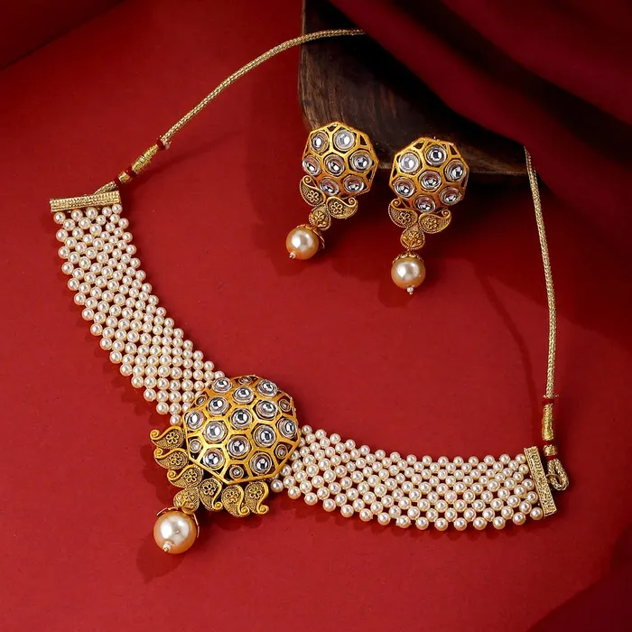 Necklaces Yellow Chimes Yellow Chimes Jewellery Set for Women and Girls Kundan Necklaces Set Gold Plated Beads Beaded Kundan Choker Necklace Set Birthday Gift for girls and women Anniversary Gift for Wife