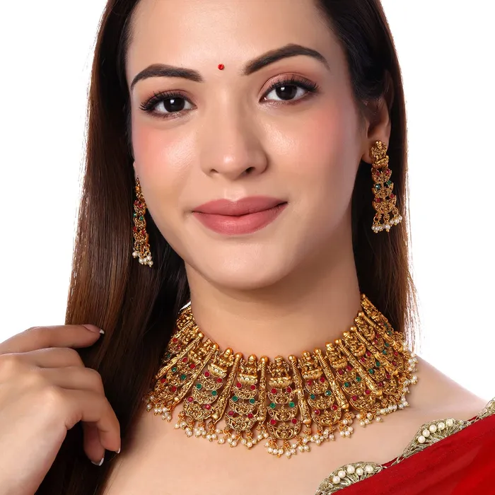 Necklaces Yellow Chimes Yellow Chimes Jewellery Set for Women and Girls Temple Jewellery Set for Women Gold Plated Traditional Choker Necklace Set Birthday Gift for girls and women Anniversary Gift for Wife