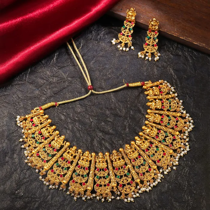 Necklaces Yellow Chimes Yellow Chimes Jewellery Set for Women and Girls Temple Jewellery Set for Women Gold Plated Traditional Choker Necklace Set Birthday Gift for girls and women Anniversary Gift for Wife