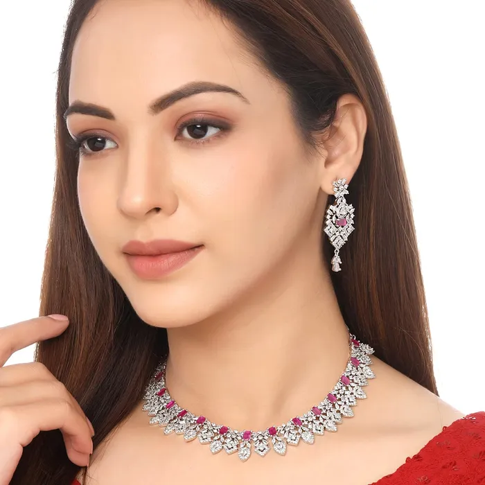Necklaces Yellow Chimes Yellow Chimes Jewellery Set for Women Rhodium Plated ADAmerican Diamond Studded Multicolor Crystal Necklace Set with Earrings for Women and Girls Style 5