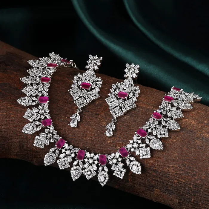 Necklaces Yellow Chimes Yellow Chimes Jewellery Set for Women Rhodium Plated ADAmerican Diamond Studded Multicolor Crystal Necklace Set with Earrings for Women and Girls Style 5