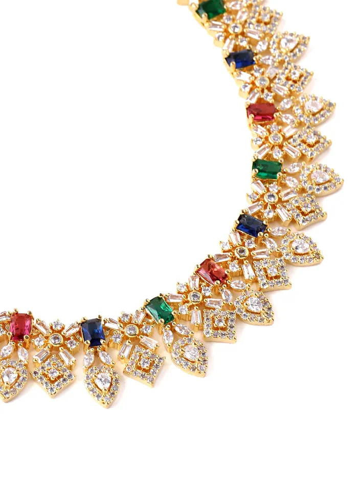 Necklaces Yellow Chimes Yellow Chimes Jewellery Set for Women Rhodium Plated ADAmerican Diamond Studded Multicolor Crystal Necklace Set with Earrings for Women and Girls Style 5