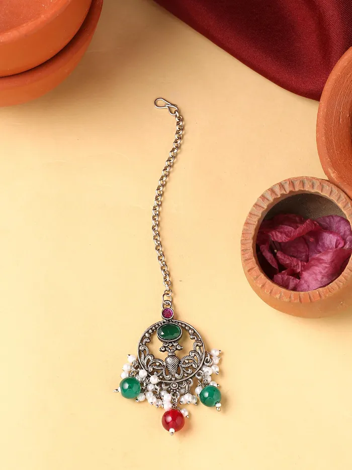 Necklaces Yellow Chimes Yellow Chimes Maangtikka for Women Silver Oxidised Stone Studded Peacock Designed Maangtikka for Women and Girls