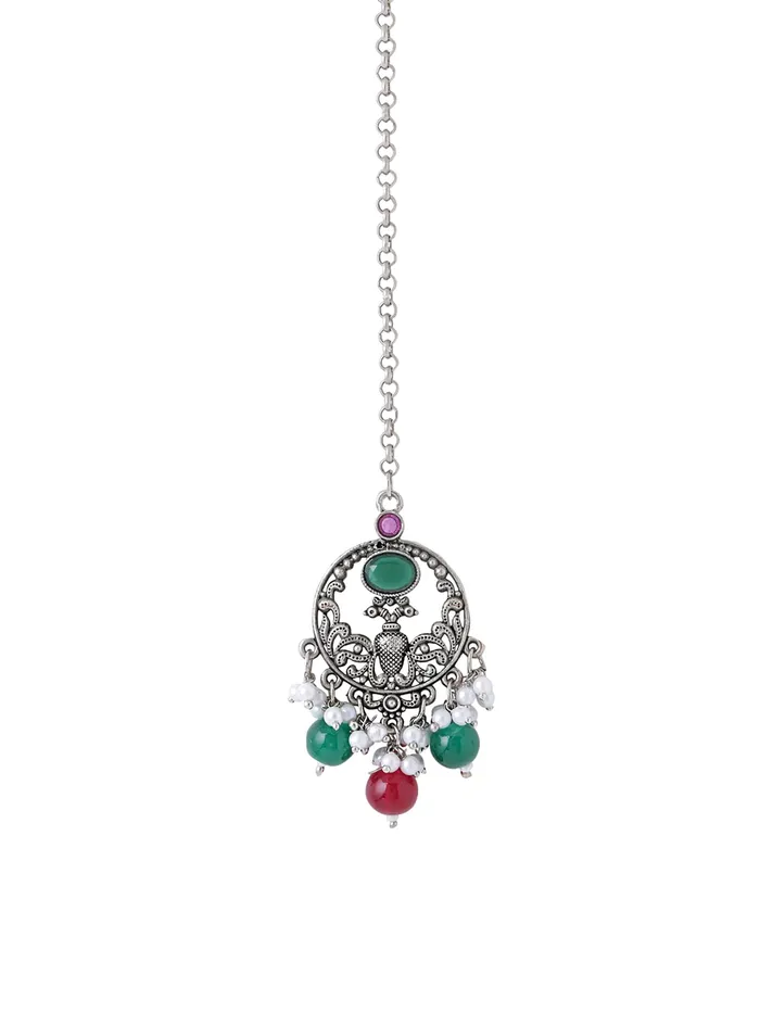 Necklaces Yellow Chimes Yellow Chimes Maangtikka for Women Silver Oxidised Stone Studded Peacock Designed Maangtikka for Women and Girls