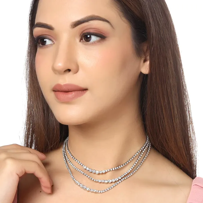 Necklaces Yellow Chimes Yellow Chimes Necklace For Women Silver Toned Multilayer Crystal Chain Necklace For Women and Girls