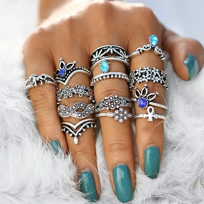 Necklaces Yellow Chimes Yellow Chimes Rings for Women 13 Pcs Combo Rings Set Vintage Style Midi Finger Silver Oxidised Knuckle Rings Set for Women and Girls