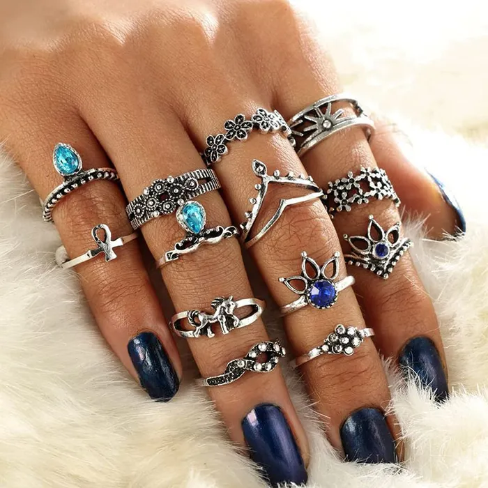 Necklaces Yellow Chimes Yellow Chimes Rings for Women 13 Pcs Combo Rings Set Vintage Style Midi Finger Silver Oxidised Knuckle Rings Set for Women and Girls