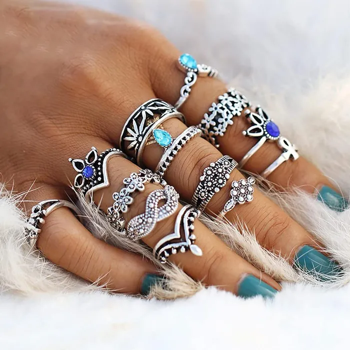 Necklaces Yellow Chimes Yellow Chimes Rings for Women 13 Pcs Combo Rings Set Vintage Style Midi Finger Silver Oxidised Knuckle Rings Set for Women and Girls