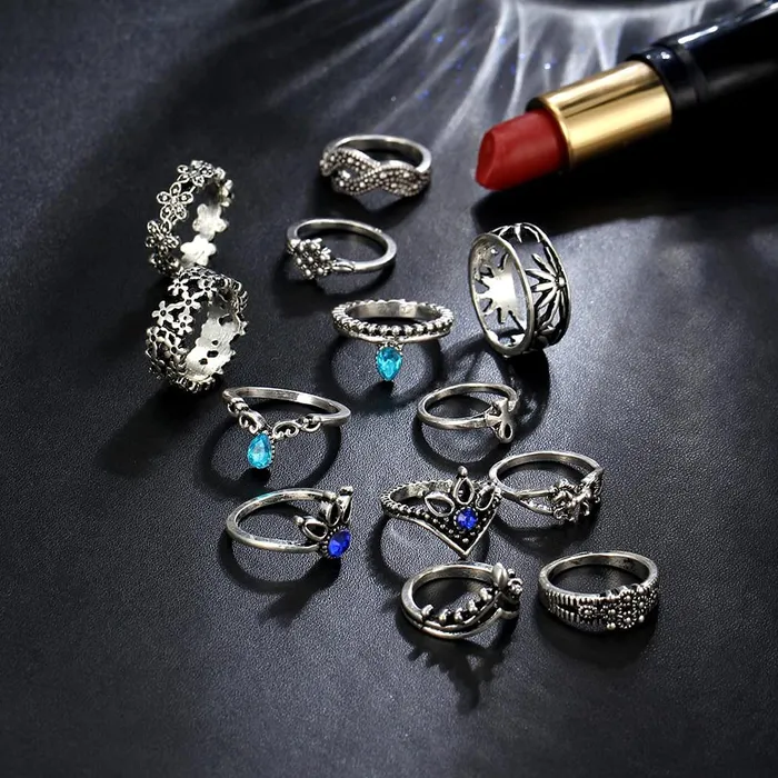 Necklaces Yellow Chimes Yellow Chimes Rings for Women 13 Pcs Combo Rings Set Vintage Style Midi Finger Silver Oxidised Knuckle Rings Set for Women and Girls