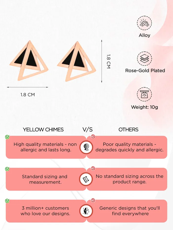 Necklaces Yellow Chimes Yellow Chimes Stud Earrings for Women Western Rose Gold Plated Stainless Steel Black Triangular Studs Earrings For Women and Girls