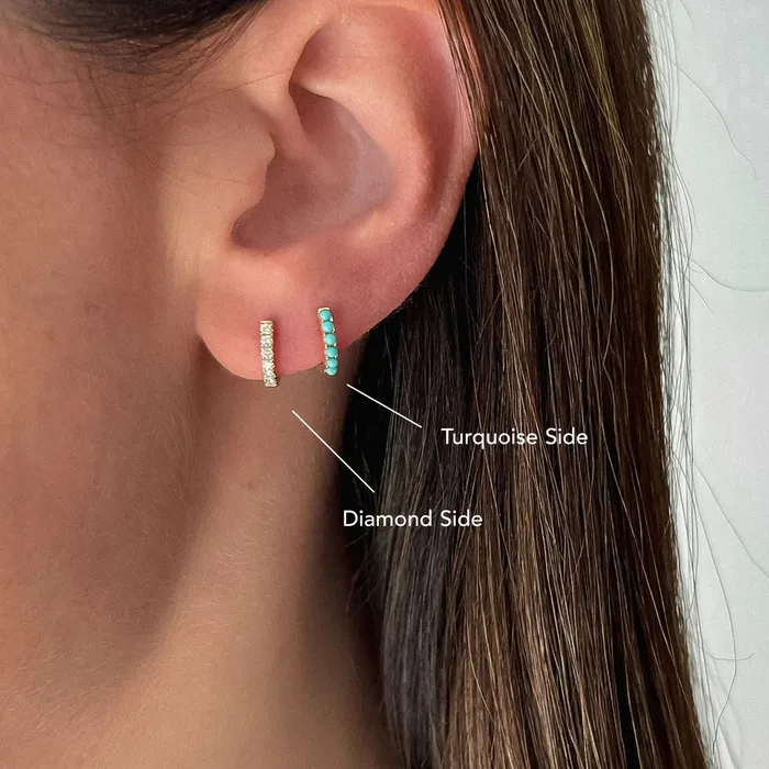 REVERSIBLE DIAMOND TURQUOISE MINI HUGGIE EARRING ef collection Earrings