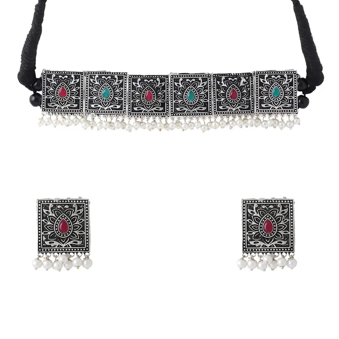 Rings Yellow Chimes Yellow Chimes Jewellery Set For Women Silver Toned Square Designed Stone and Pearl Studded EyeCatching Choker Necklace Set For Women and Girls Rings Yellow Chimes Yellow Chimes Jewellery Set For Women Silver Toned Square Designed Stone and Pearl Studded EyeCatching Choker Necklace Set For Women and Girls