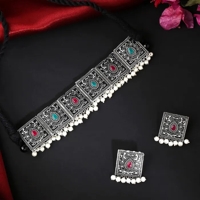 Rings Yellow Chimes Yellow Chimes Jewellery Set For Women Silver Toned Square Designed Stone and Pearl Studded EyeCatching Choker Necklace Set For Women and Girls