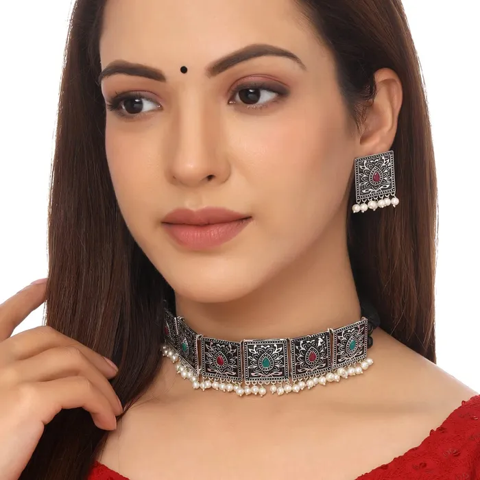 Rings Yellow Chimes Yellow Chimes Jewellery Set For Women Silver Toned Square Designed Stone and Pearl Studded EyeCatching Choker Necklace Set For Women and Girls