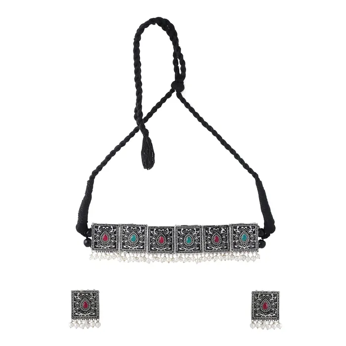 Rings Yellow Chimes Yellow Chimes Jewellery Set For Women Silver Toned Square Designed Stone and Pearl Studded EyeCatching Choker Necklace Set For Women and Girls