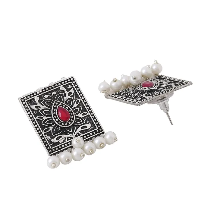 Rings Yellow Chimes Yellow Chimes Jewellery Set For Women Silver Toned Square Designed Stone and Pearl Studded EyeCatching Choker Necklace Set For Women and Girls