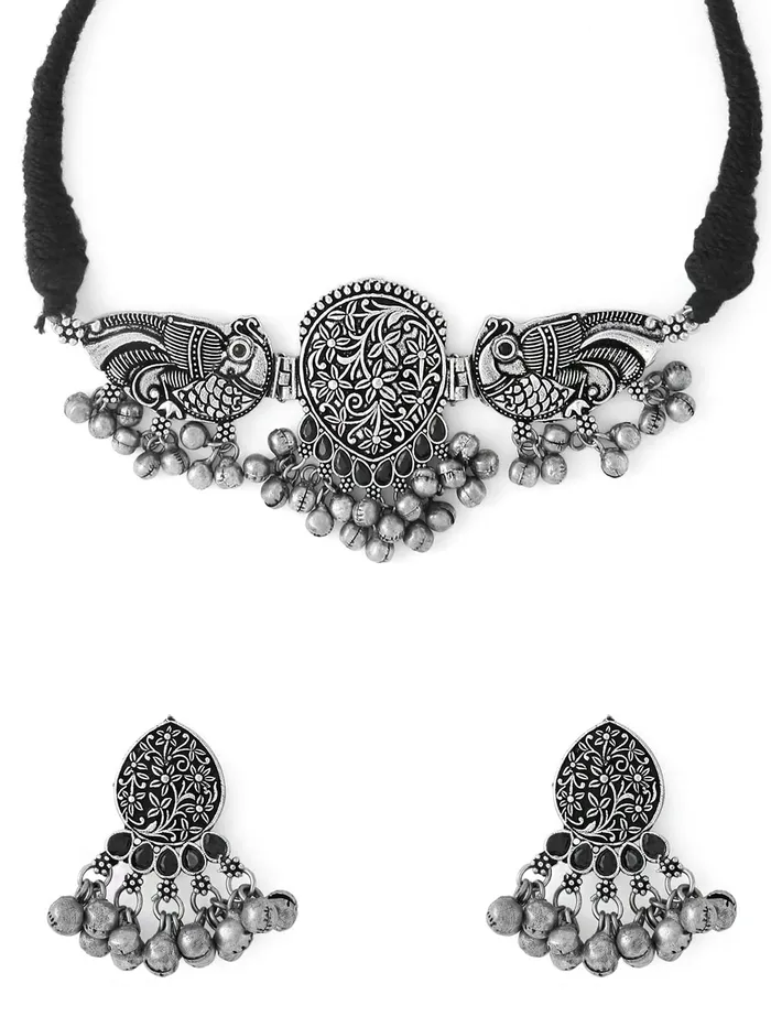 Rings Yellow Chimes Yellow Chimes Silver Oxidised Necklace Set Peacock Design Ghungroo Choker Necklace Set for Women Girls Rings Yellow Chimes Yellow Chimes Silver Oxidised Necklace Set Peacock Design Ghungroo Choker Necklace Set for Women Girls