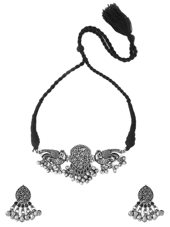 Rings Yellow Chimes Yellow Chimes Silver Oxidised Necklace Set Peacock Design Ghungroo Choker Necklace Set for Women Girls