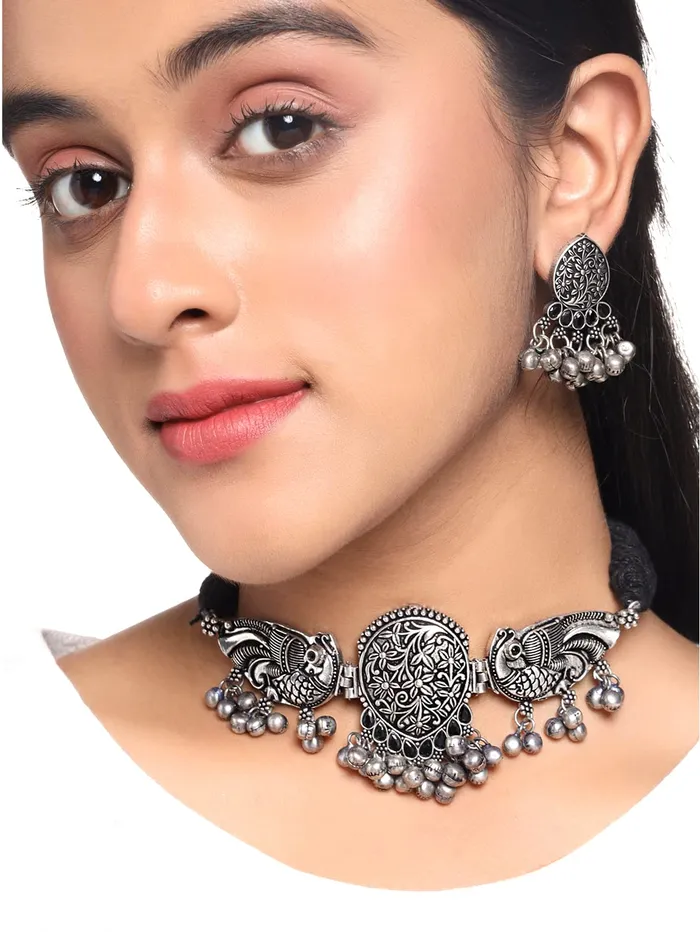 Rings Yellow Chimes Yellow Chimes Silver Oxidised Necklace Set Peacock Design Ghungroo Choker Necklace Set for Women Girls
