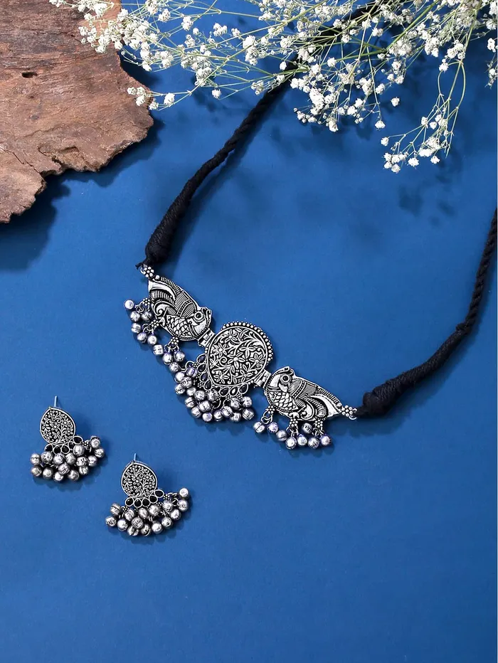 Rings Yellow Chimes Yellow Chimes Silver Oxidised Necklace Set Peacock Design Ghungroo Choker Necklace Set for Women Girls
