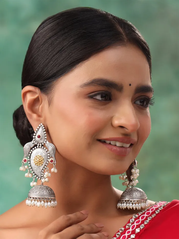 Silver Oxidized Jhumka Earrings Elegant Design 105cm Length For Women Girls Yellow Chimes Earrings