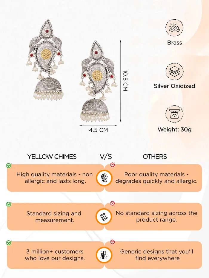 Silver Oxidized Jhumka Earrings Elegant Design 105cm Length For Women Girls Yellow Chimes Earrings