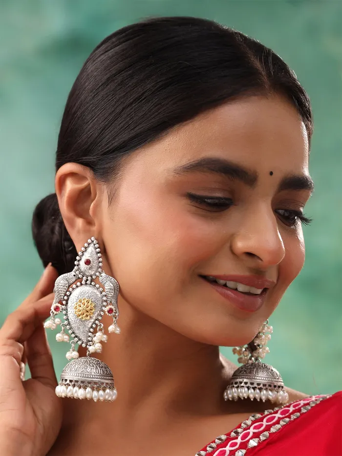 Silver Oxidized Jhumka Earrings Elegant Design 105cm Length For Women Girls Yellow Chimes Earrings