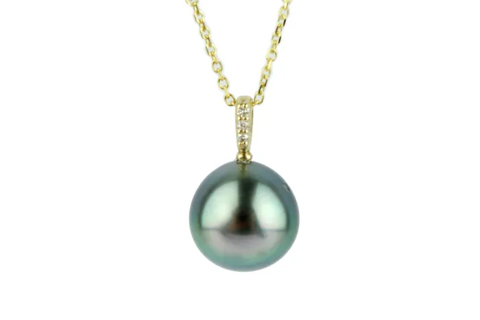 Tahitian Flashy Rainbow Pearl Diamond clat Pendant or Necklace on 14KYG Kamoka Pearl Necklaces