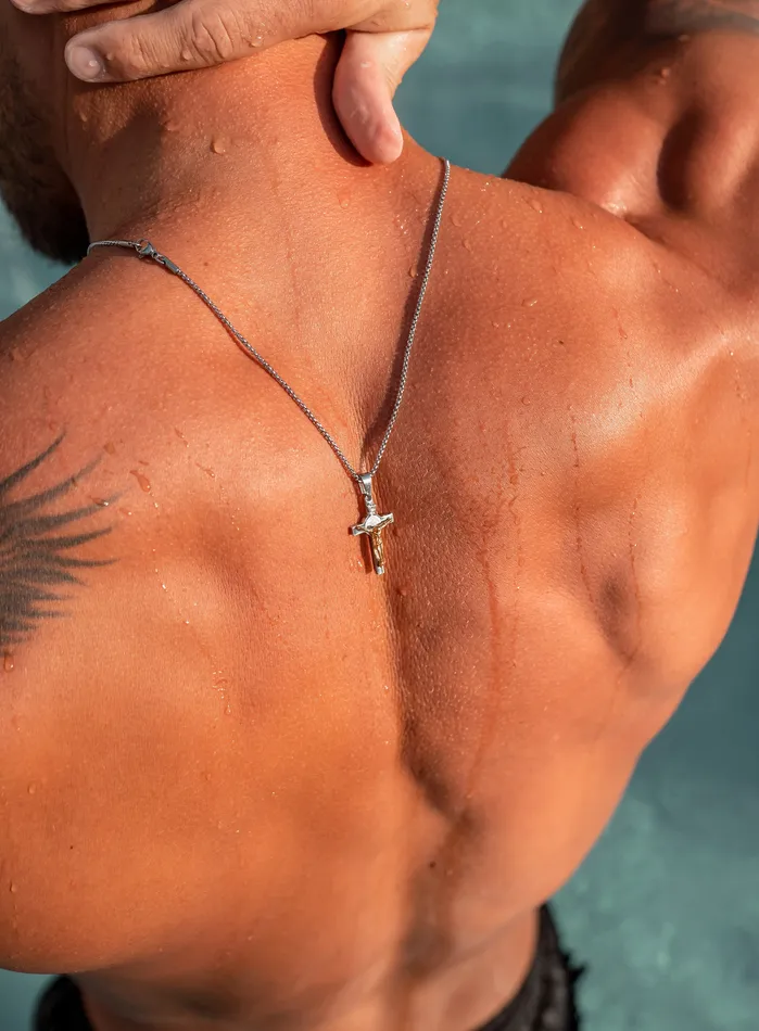 Waterproof Mens silver Two tone Crucifix Necklace WE ARE ALL SMITH Mens Jewelry Clothing Necklaces