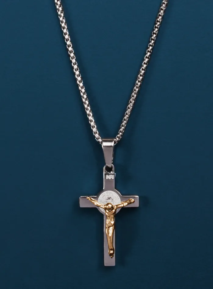 Waterproof Mens silver Two tone Crucifix Necklace WE ARE ALL SMITH Mens Jewelry Clothing Necklaces